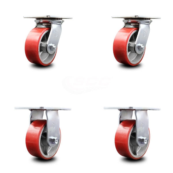 5 Inch Red Poly on Cast Iron Caster Set with Ball Bearings 2 Swivel 2 Rigid